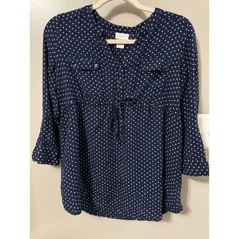 Motherhood Maternity Blouse Long Sleeve SM Navy White Polka Dots Baby